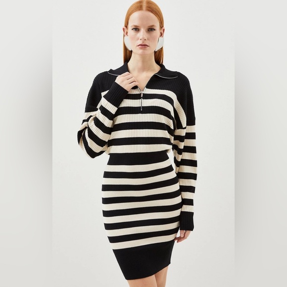Karen Millen - Viscose blend fly collar rib knit stripe mini dress - Picture 3 of 8
